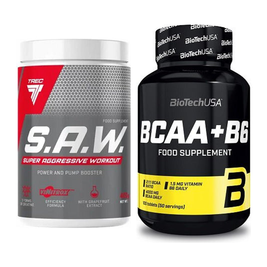 Träningsset: Trec Nutrition SAW Booster + BioTech BCAA+B6 100 flikar - alla artiklar ingår