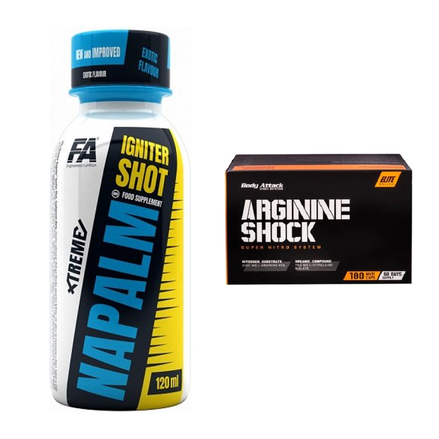 Тренировъчен комплект: FA Nutrition Xtreme Napalm + Body Attack Arginine Shock - всички включени артикули