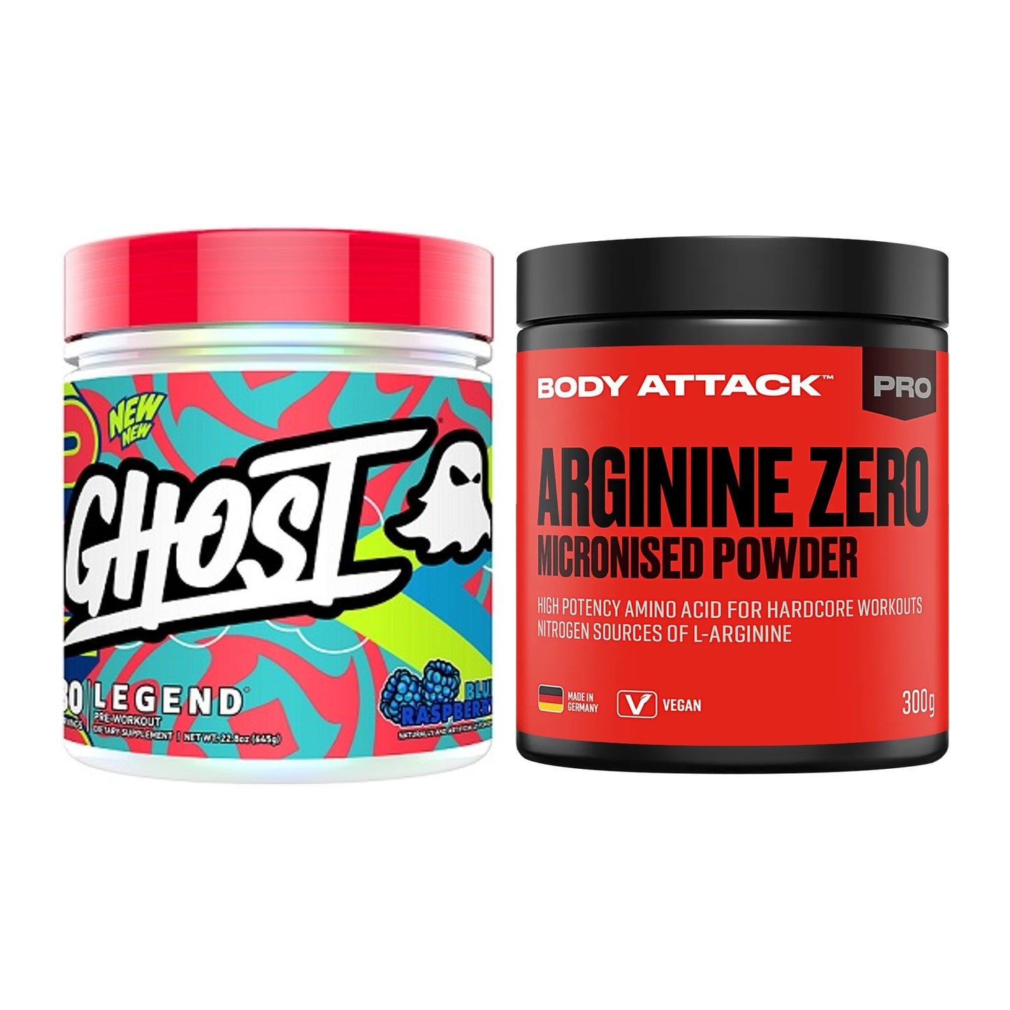 Trainings-Set: Ghost Legend V4 30 Serv. + Body Attack 100 % Arginine – alle enthaltenen Artikel