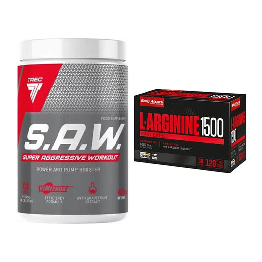 Training set: Trec Nutrition SAW Booster + Body Attack L-Arginine 1500 - all items included