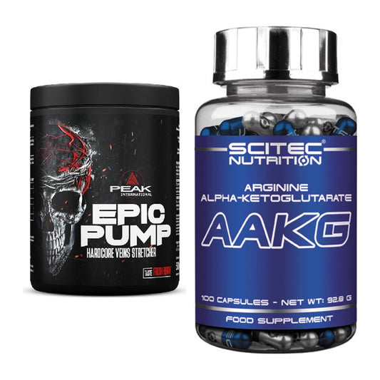 Træningssæt: Peak EPIC Pump 500g (Fresh Berry) + Scitec AAKG - alle varer inkluderet