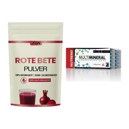 Trainings-Set: FGN Rote Beete Pulver + Nutrend Multimineral Compressed – alle enthaltenen Artikel