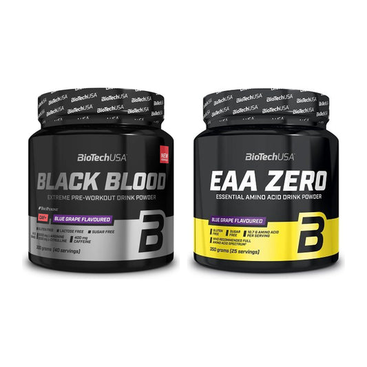 Zestaw treningowy: BioTech Black Blood CAF+ 300g (80 + BioTech EAA Zero – wszystkie elementy w zestawie