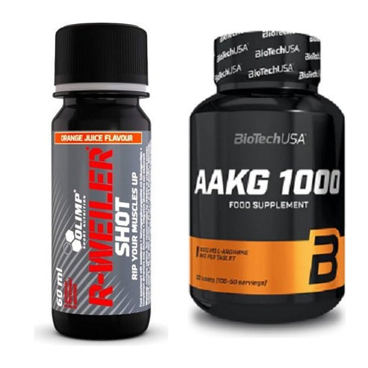 Trainings-Set: Olimp R-Weiler Shot + BioTech AAKG 1000mg 100 Tabl. – alle enthaltenen Artikel
