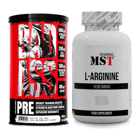 Trainings-Set: BAD ASS Pre + MST L-Arginine 120 Kaps. – alle enthaltenen Artikel