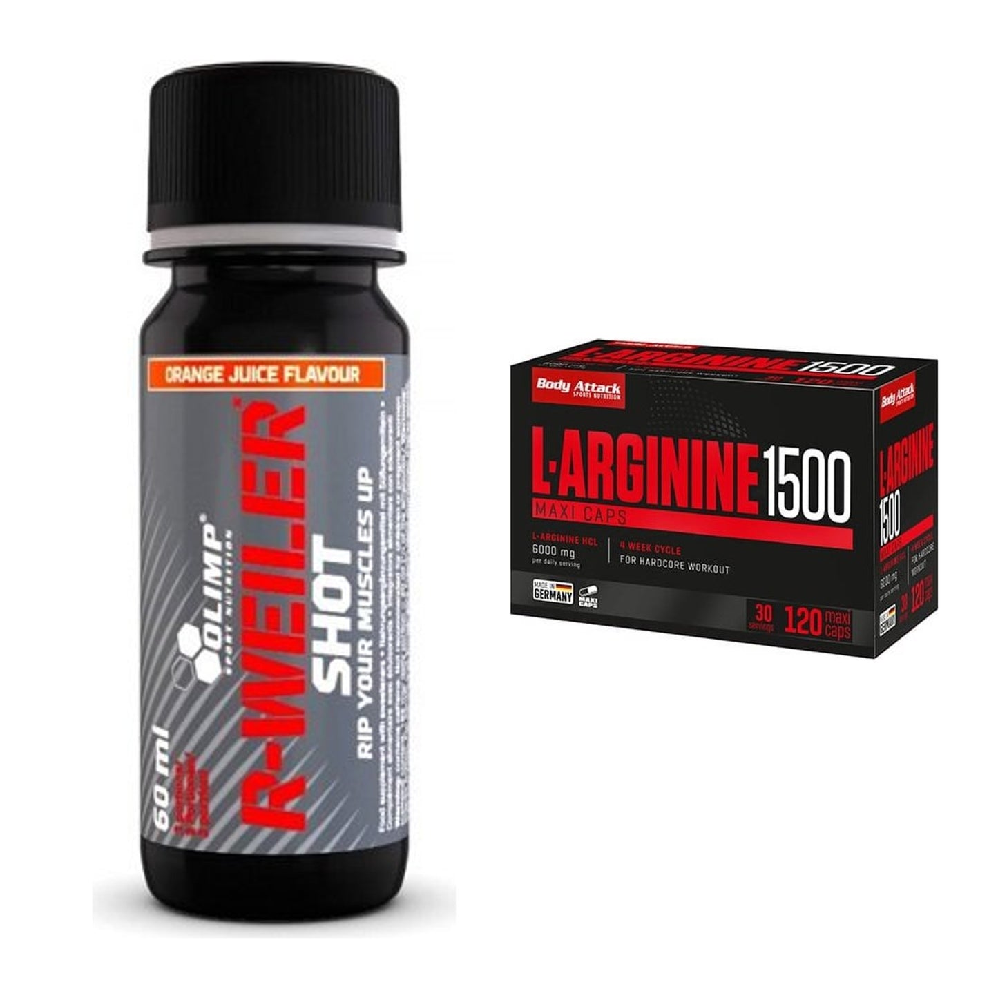 Trainings-Set: Olimp R-Weiler Shot + Body Attack L-Arginin 1500 – alle enthaltenen Artikel