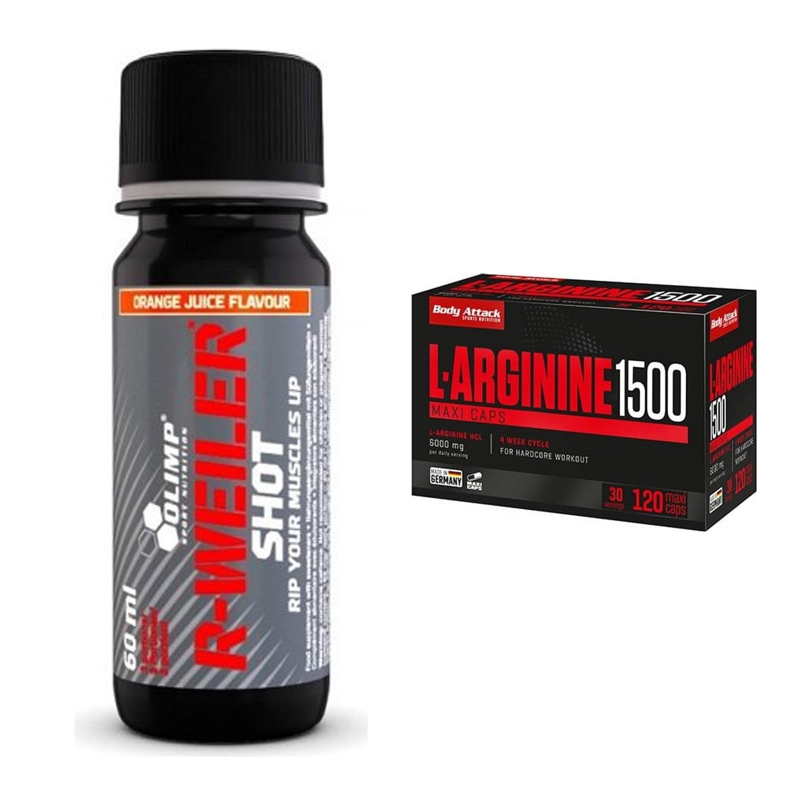 Trainings-Set: Olimp R-Weiler Shot + Body Attack L-Arginin 1500 – alle enthaltenen Artikel