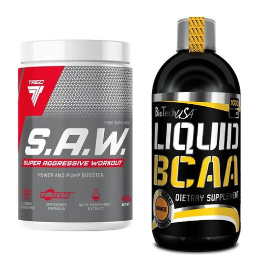 Treeningkomplekt: Trec Nutrition SAW Booster + BioTech Liquid BCAA - kõik esemed on kaasas