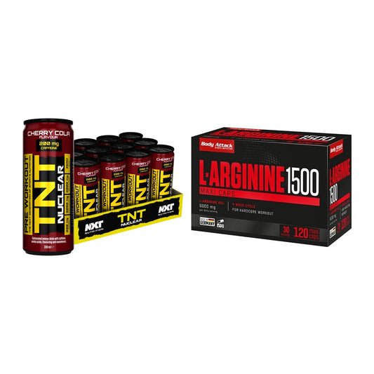 Trainings-Set: NXT Nutrition TNT NUCLEAR + Body Attack L-Arginin 1500 – alle enthaltenen Artikel