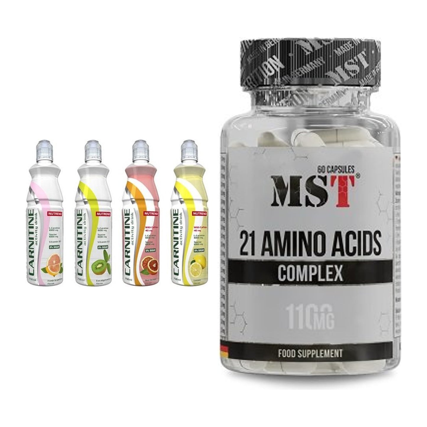 Trainings-Set: Nutrend Activity L-Carnitine Drink + MST 21 Amino Acids – alle enthaltenen Artikel