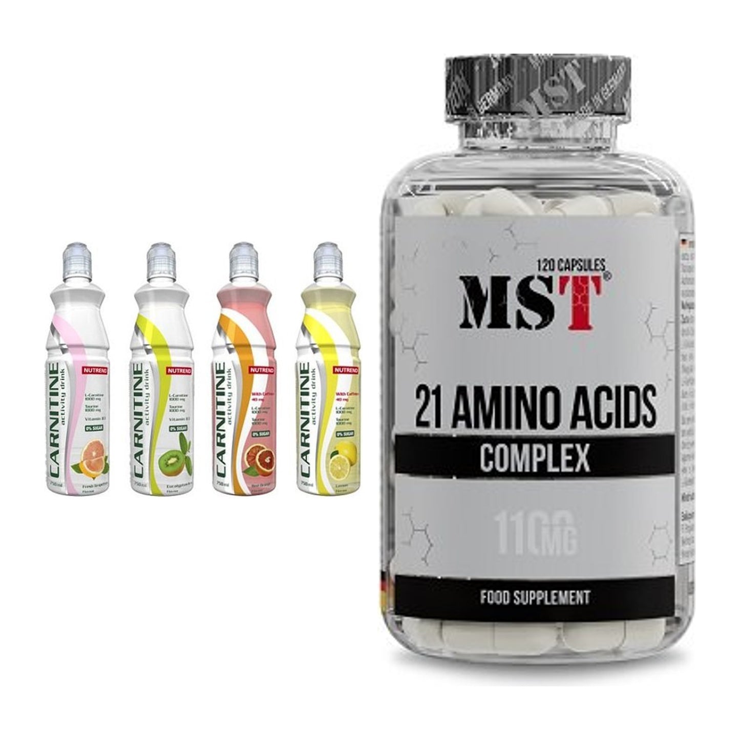 Trainings-Set: Nutrend Activity L-Carnitine Drink + MST 21 Amino Acids – alle enthaltenen Artikel