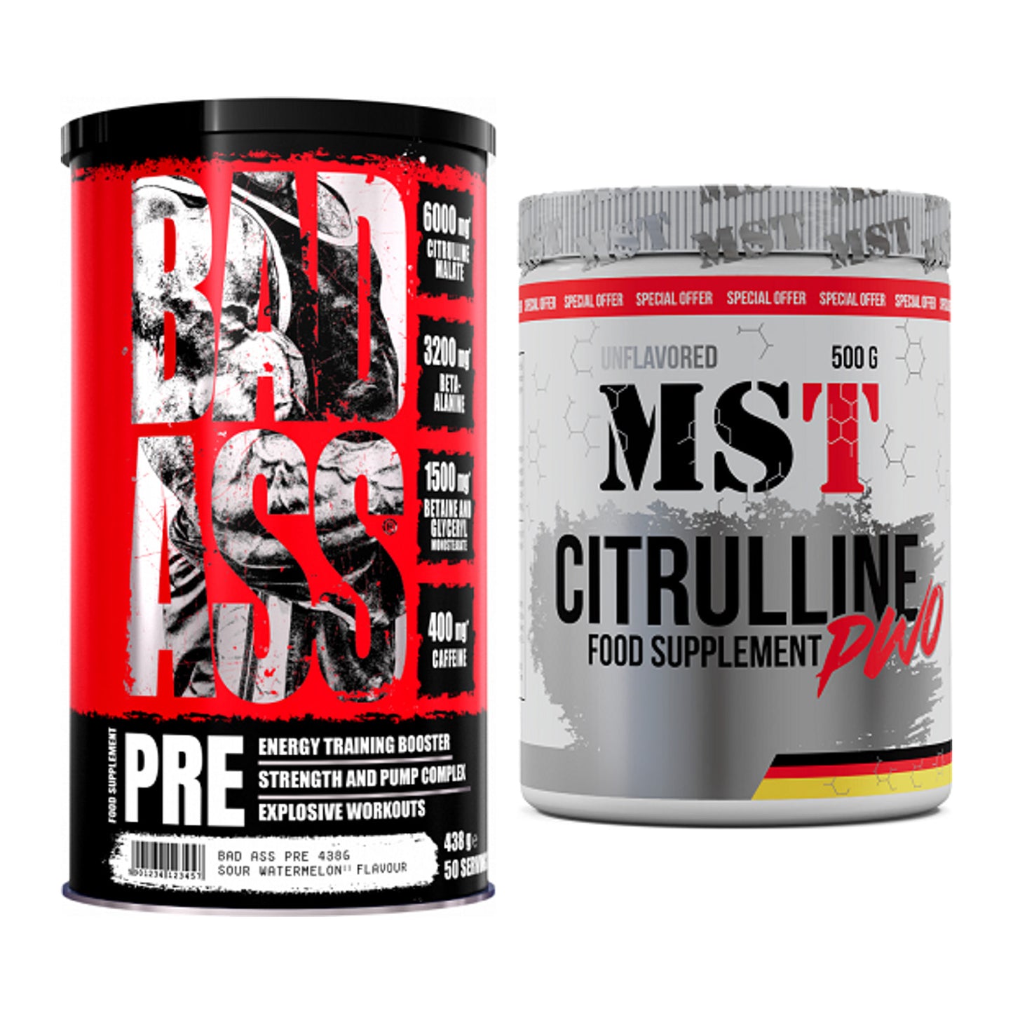 Trainings-Set: BAD ASS Pre + MST Citrulline Malat 500g – alle enthaltenen Artikel