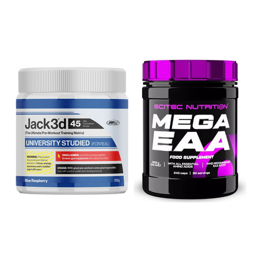 Trainings-Set: USP Labs Jack3d 45 Serv. (Blue + Scitec Mega EAA – alle enthaltenen Artikel