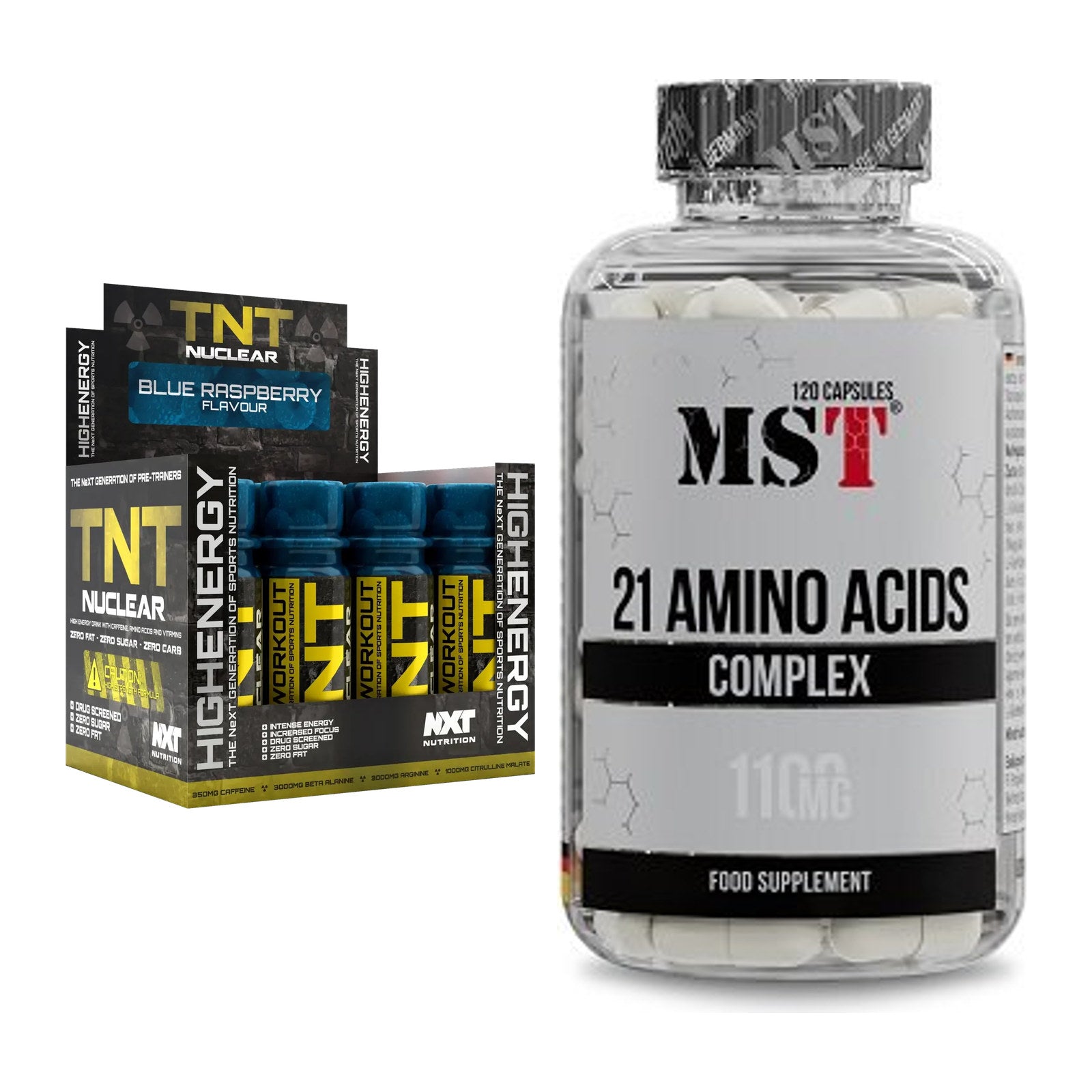 Trainings-Set: NXT Nutrition TNT Nuclear Shots + MST 21 Amino Acids – alle enthaltenen Artikel
