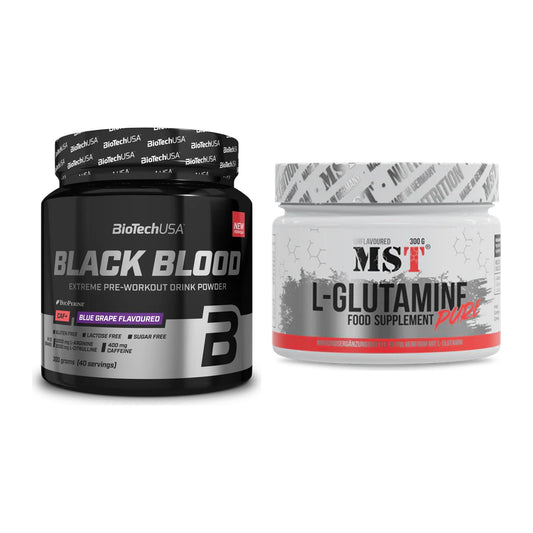 Trainings-Set: BioTech Black Blood CAF+ 300g (80 + MST Glutamine – alle enthaltenen Artikel