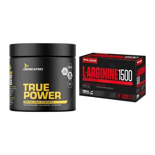 Ensemble d'entraînement : Dedicated True Power + Body Attack L-Arginine 1500 - tous les éléments inclus