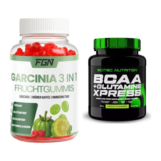 Conjunto de treino: FGN Garcinia 60 + Scitec BCAA+ Glutamina - todos os artigos incluídos