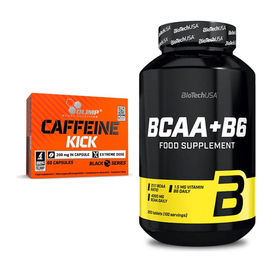 Træningssæt: Olimp Caffeine Kick + BioTech BCAA+B6 200 tabletter - alle varer inkluderet