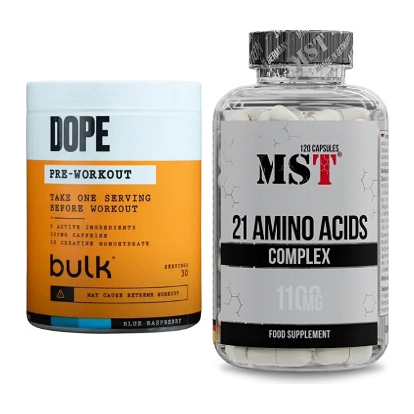Trainings-Set: Bulk Dope Pre-Workout 30 Serv. + MST 21 Amino Acids – alle enthaltenen Artikel