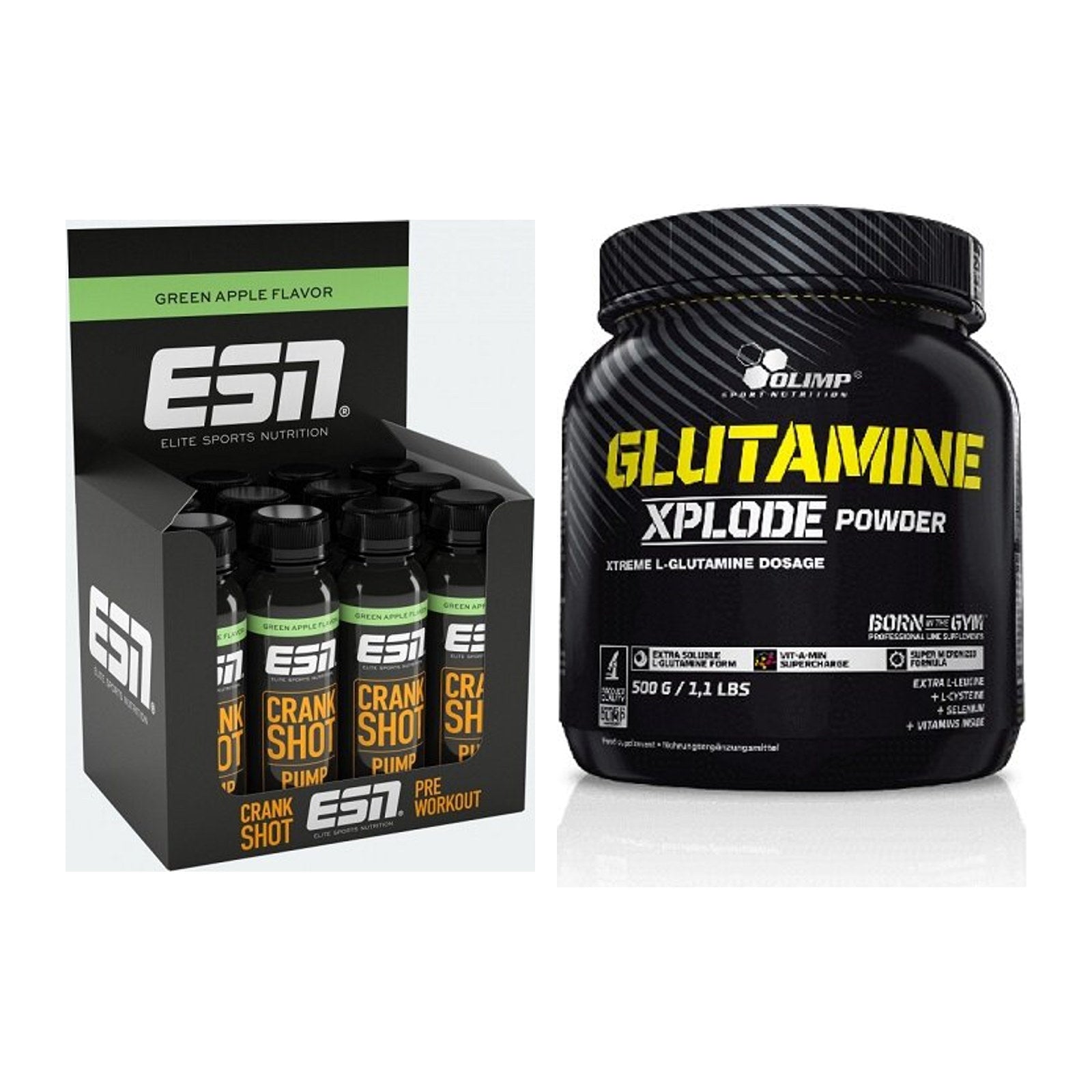 Trainings-Set: ESN Crank Pump Shot + Olimp L-Glutamine Xplode 500g – alle enthaltenen Artikel