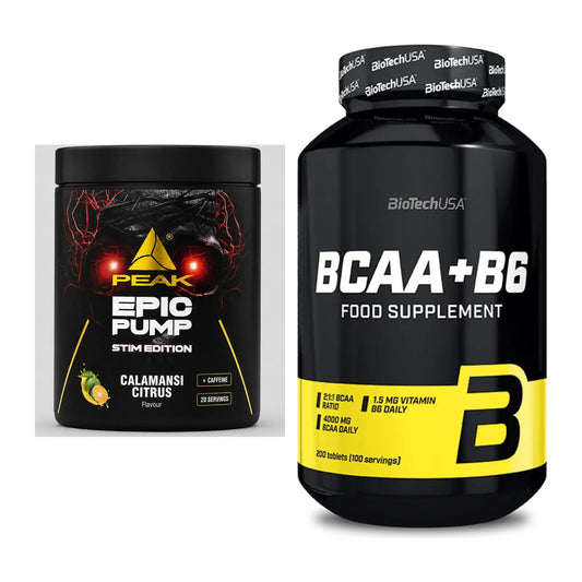 Tréningová súprava: Peak Epic Pump Stim Edition + BioTech BCAA+B6 200 tabliet – všetky položky v cene
