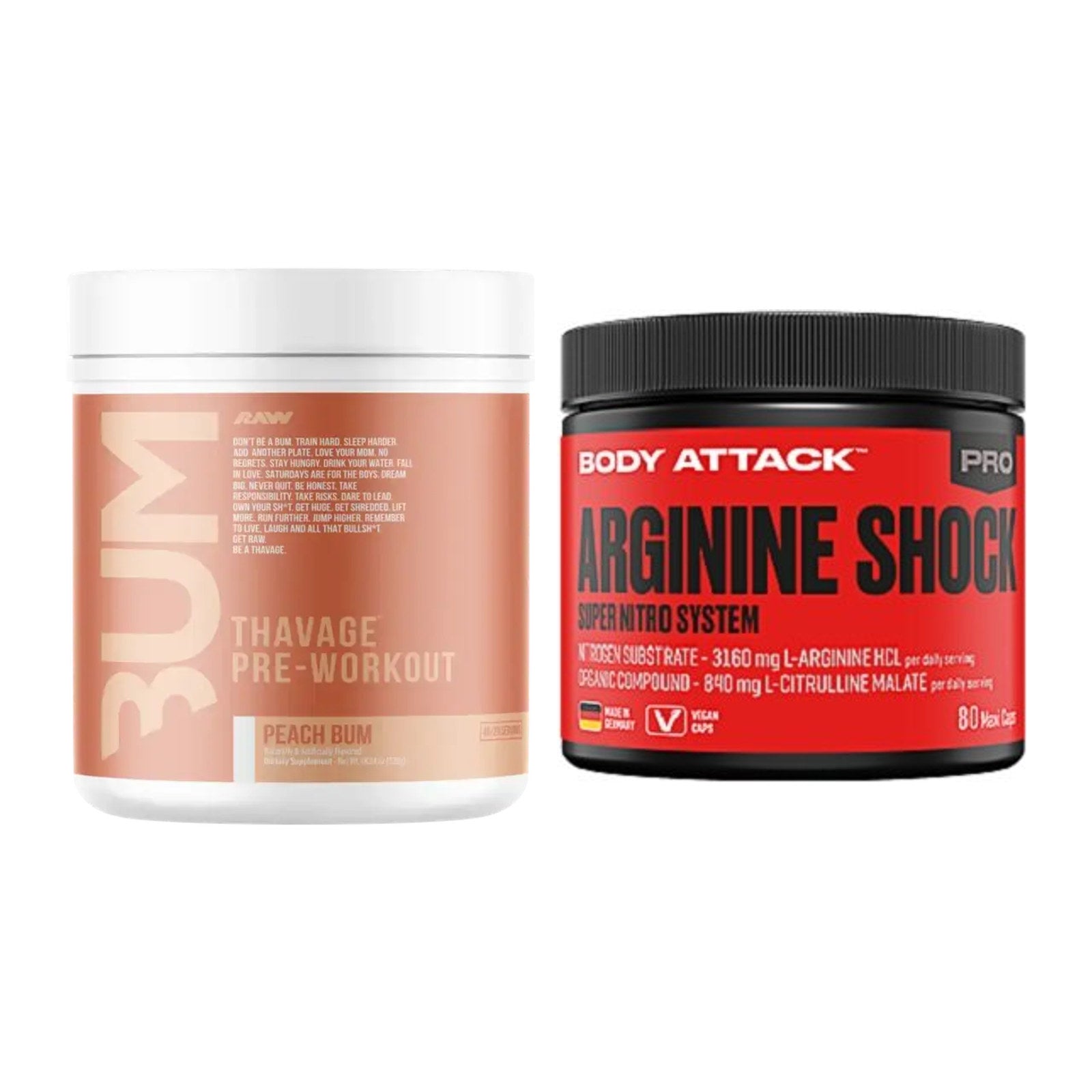 Trainings-Set: RAW Nutrition CBUM Thavage + Body Attack Arginine Shock – alle enthaltenen Artikel