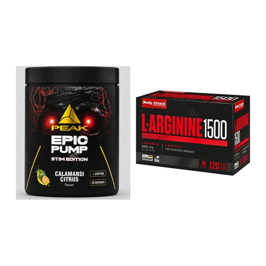 Zestaw treningowy: Peak Epic Pump Stim + Body Attack L-Arginina 1500 - wszystkie elementy w zestawie