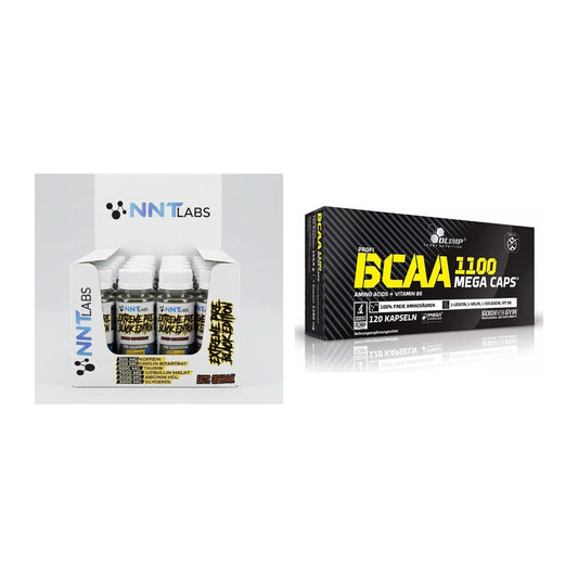 Zestaw treningowy: Shot NNT Extreme Black Edition + Kapsułki Olimp BCAA Mega - wszystkie elementy w zestawie