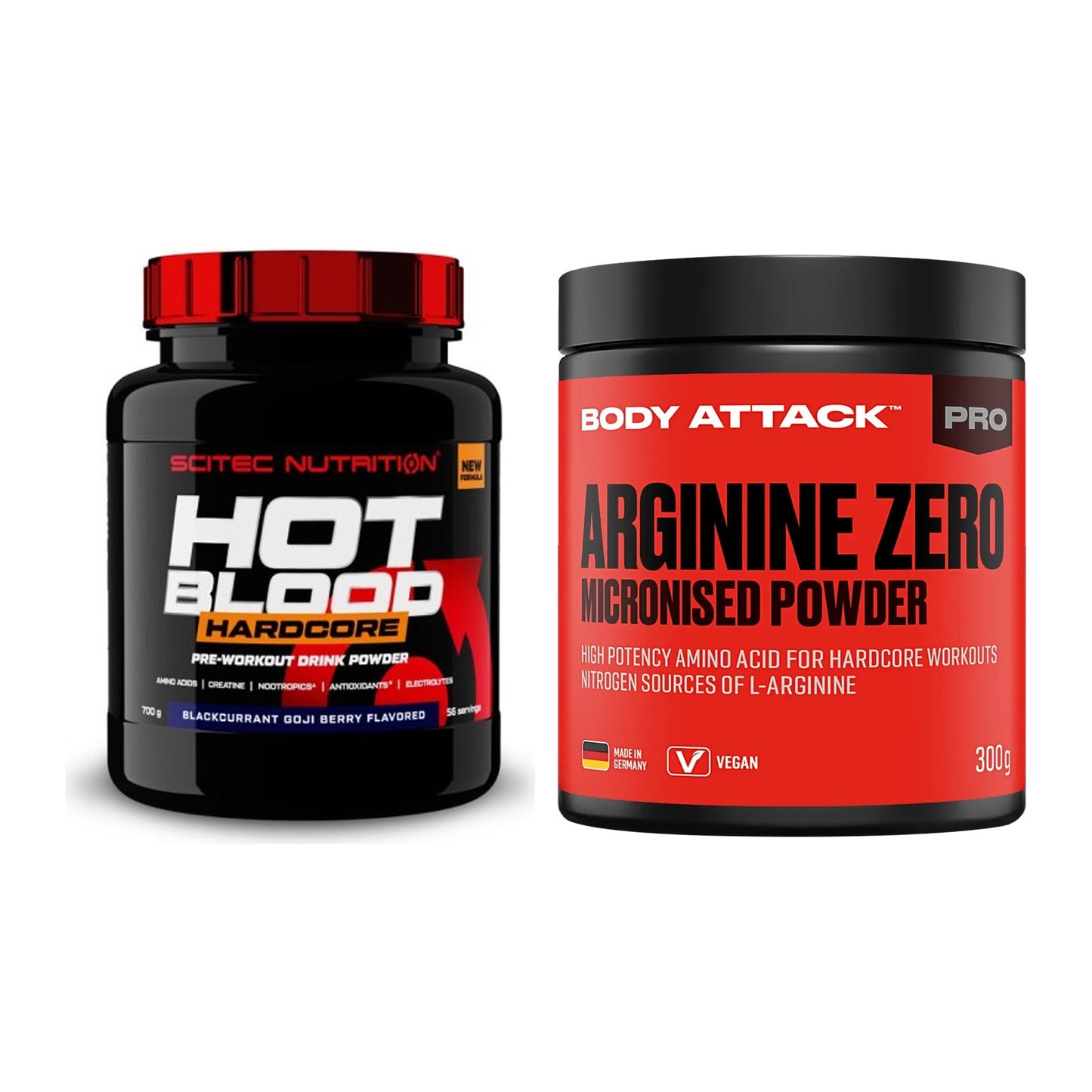 Trainings-Set: Scitec Hot Blood Hardcore + Body Attack 100 % Arginine – alle enthaltenen Artikel