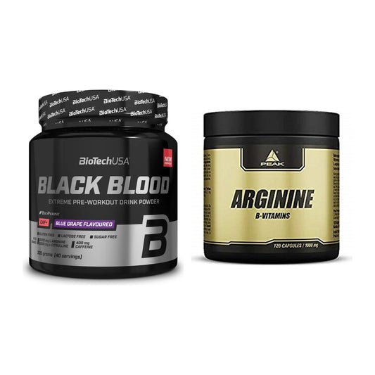 Trainings-Set: BioTech Black Blood CAF+ 300g (80 + Peak Arginin – alle enthaltenen Artikel