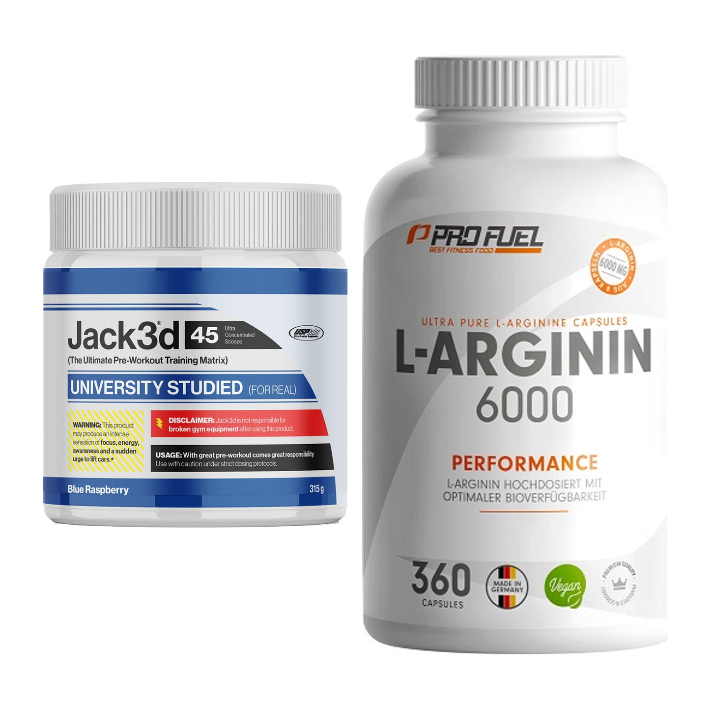Trainings-Set: USP Labs Jack3d 45 Serv. + ProFuel L-Arginin 6000 – alle enthaltenen Artikel