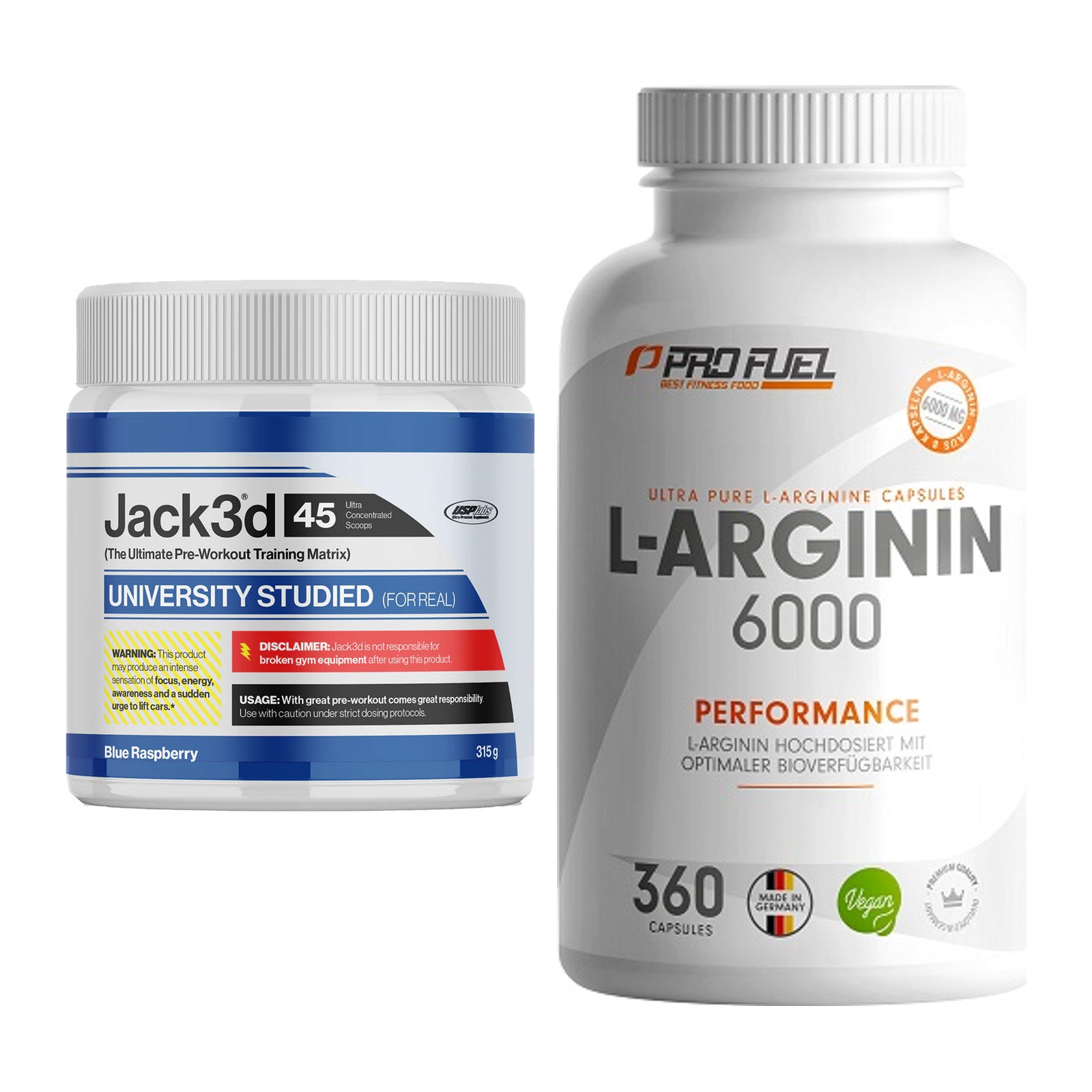 Trainings-Set: USP Labs Jack3d 45 Serv. + ProFuel L-Arginin 6000 – alle enthaltenen Artikel