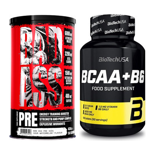 Trainings-Set: BAD ASS Pre + BioTech BCAA+B6 100 Tabl – alle enthaltenen Artikel