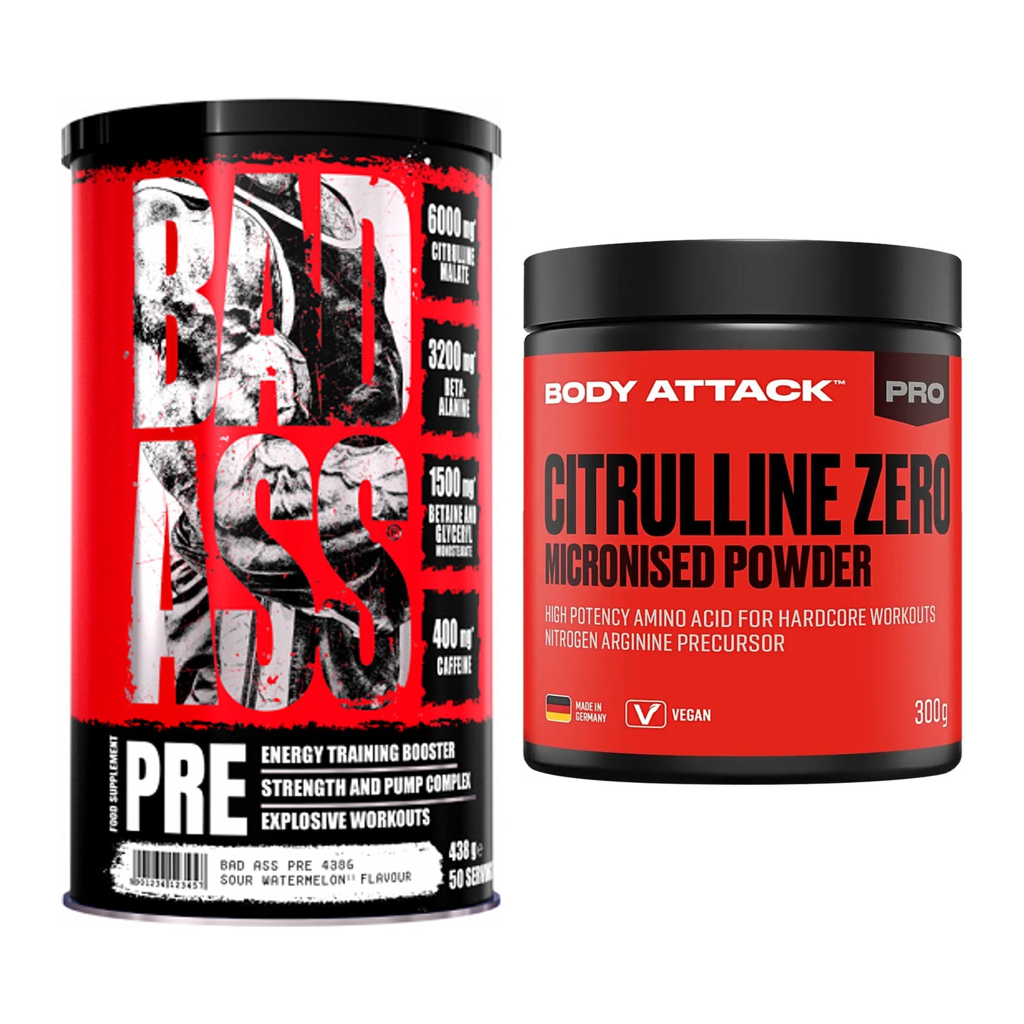 Trainings-Set: BAD ASS Pre + Body Attack 100 % Citrulline Zero – alle enthaltenen Artikel
