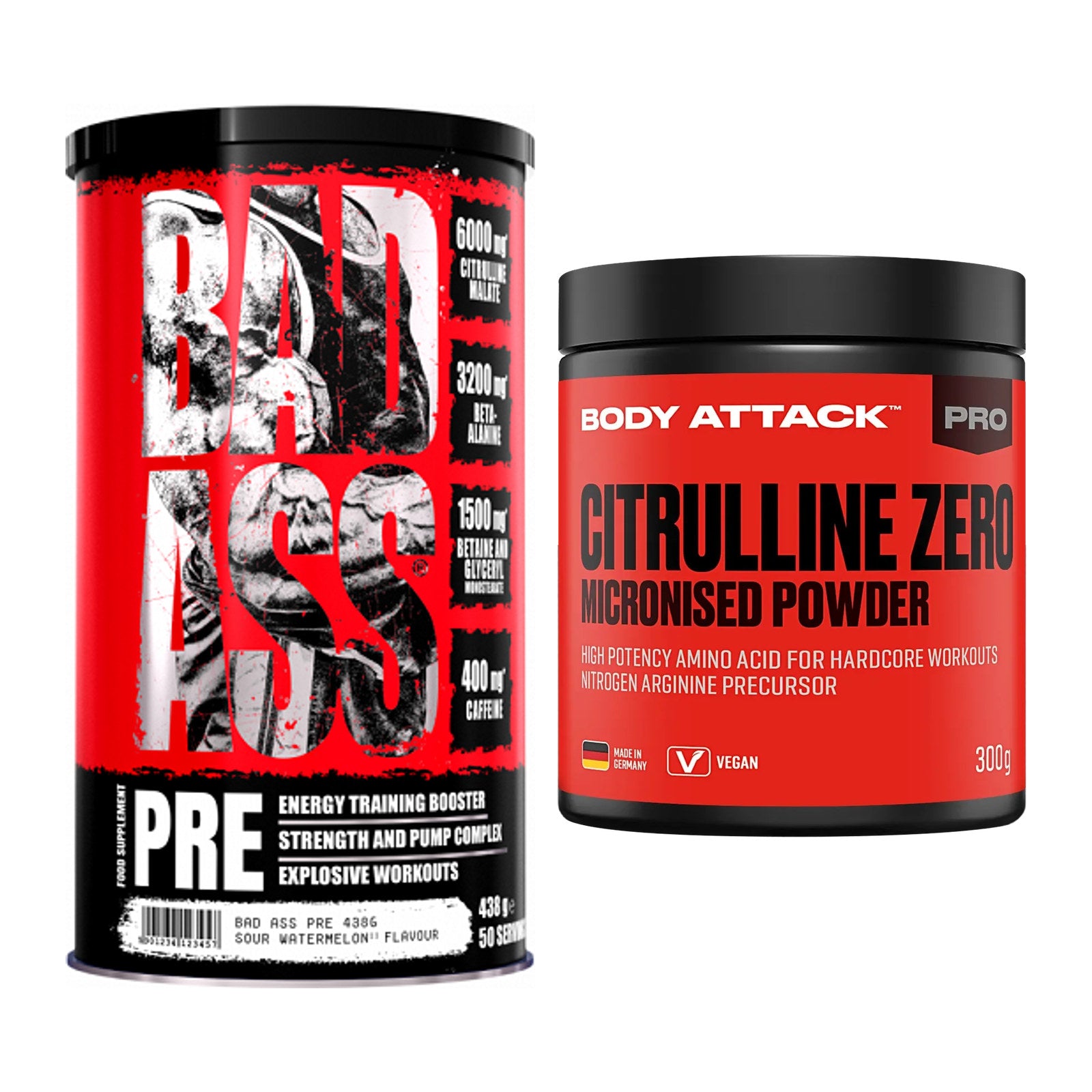 Trainings-Set: BAD ASS Pre + Body Attack 100 % Citrulline Zero – alle enthaltenen Artikel