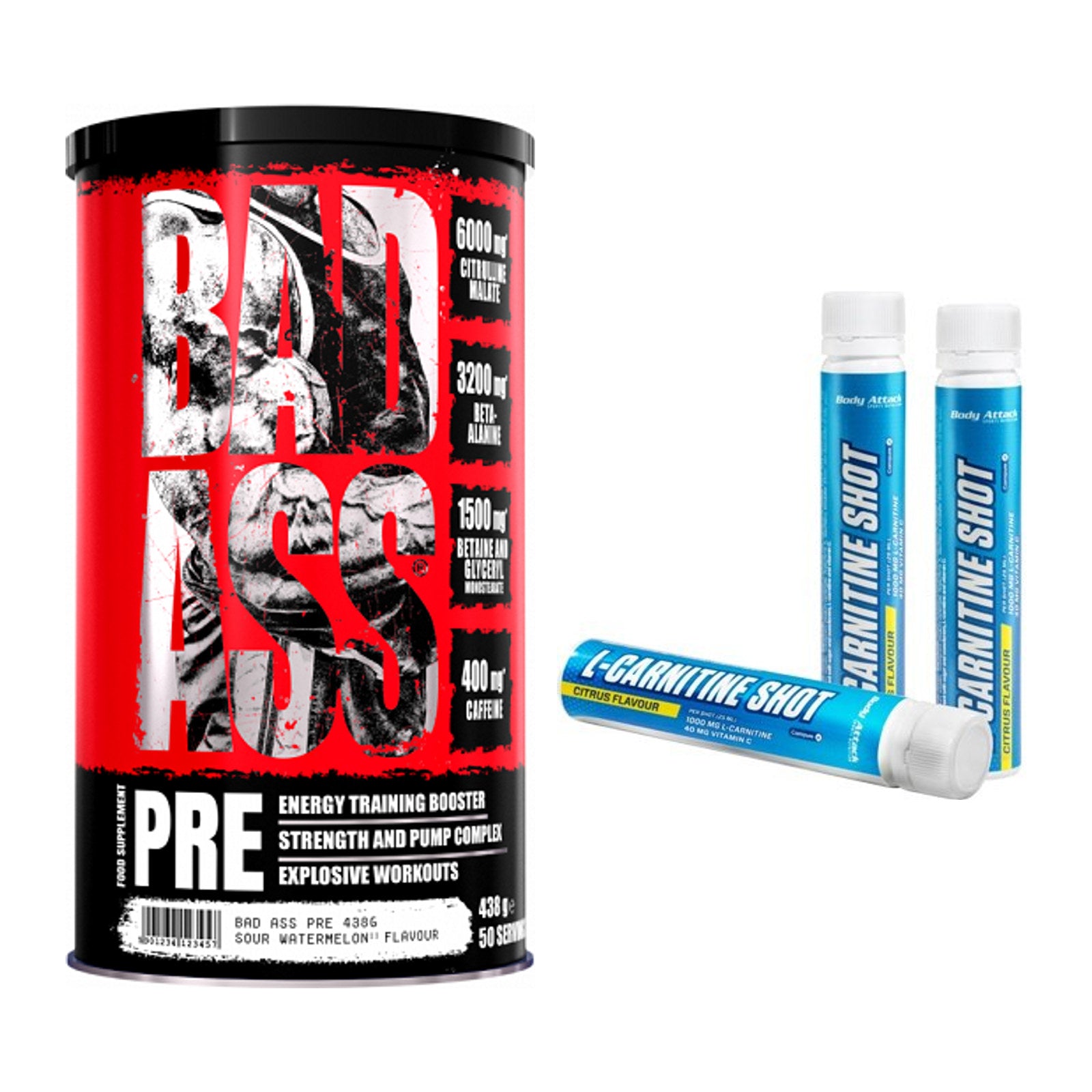 Trainings-Set: BAD ASS Pre + Body Attack L-Carnitine Shots – alle enthaltenen Artikel