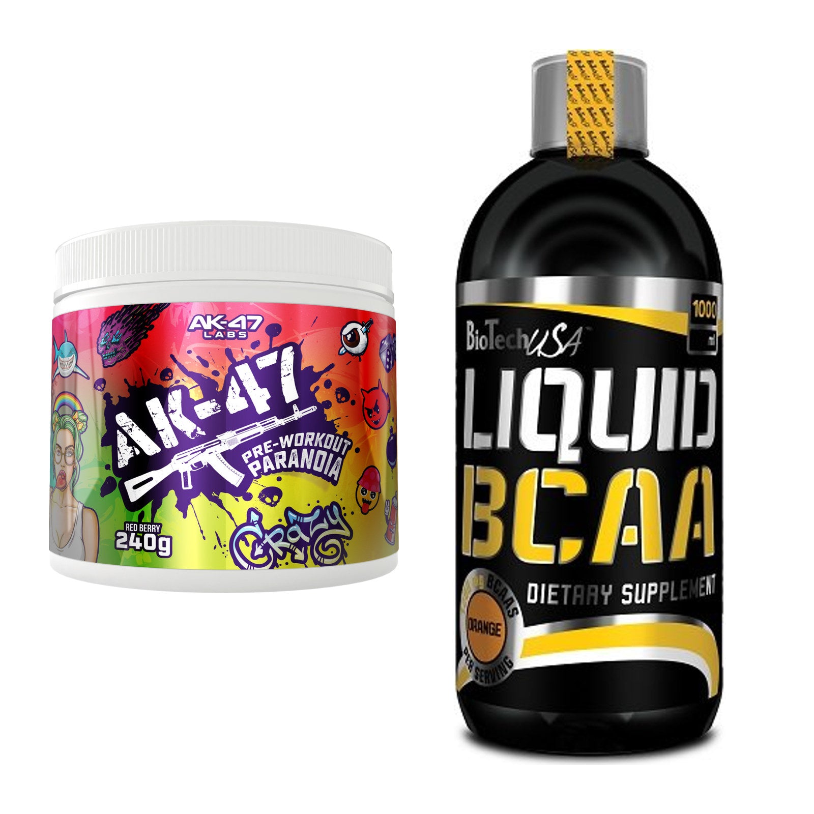 Trainings-Set: AK47 Labs Pre-Workout Paranoia + BioTech Liquid BCAA – alle enthaltenen Artikel