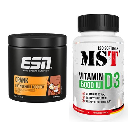 Trainings-Set: ESN Crank Booster + MST Vitamin D3 5000IU 120 Softgels – alle enthaltenen Artikel