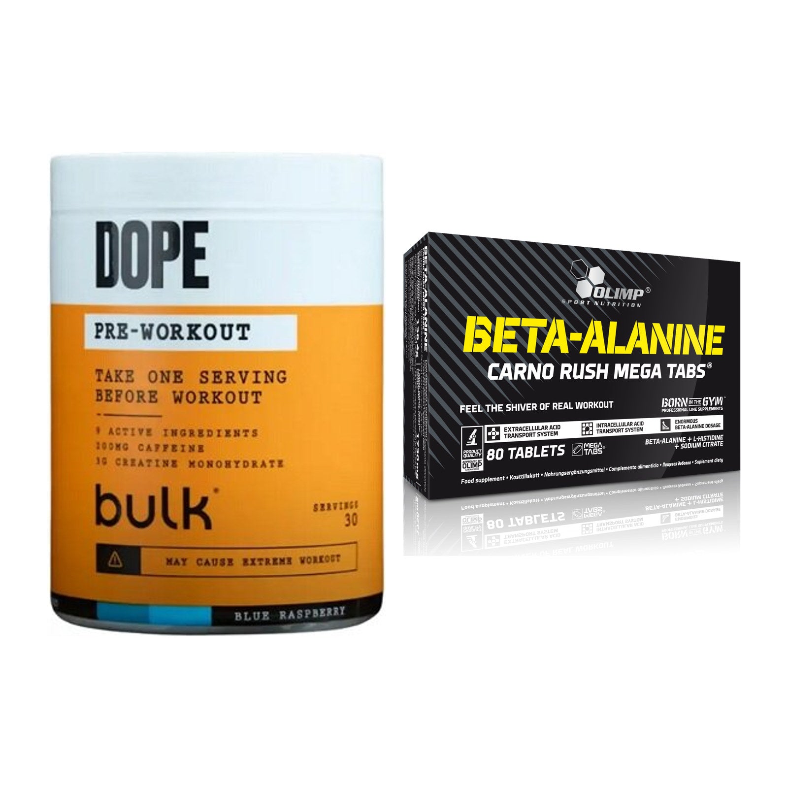 Trainings-Set: Bulk Dope Pre-Workout 30 + Olimp Beta-Alanin Carno – alle enthaltenen Artikel