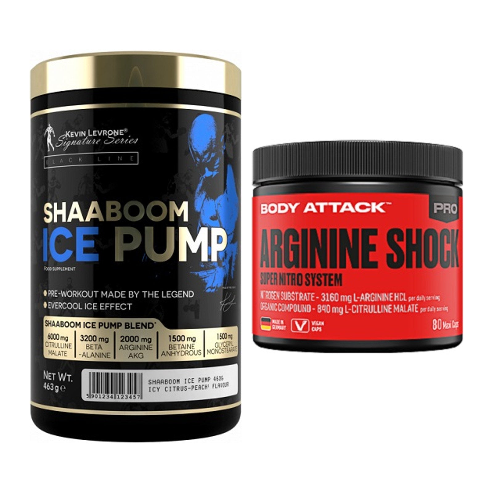 Trainings-Set: Kevin Levrone Shaaboom Ice + Body Attack Arginine Shock – alle enthaltenen Artikel