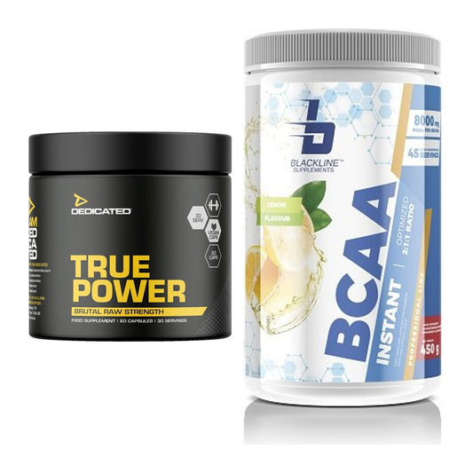 Conjunto de treino: True Power dedicado + suplementos Blackline BCAA - todos os artigos incluídos