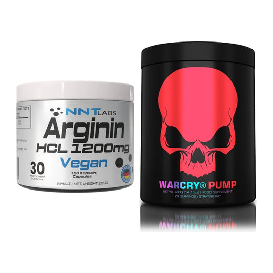 Pump-Set: NNT Arginin HCL 1200 mg + Genius Nutrition Warcry PUMP – alle enthaltenen Artikel