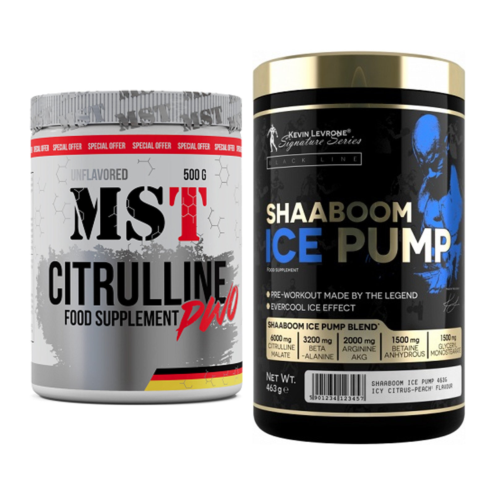 Pump-Set: MST Citrulline Malat 500g + Kevin Levrone Shaaboom Ice Pump – alle enthaltenen Artikel