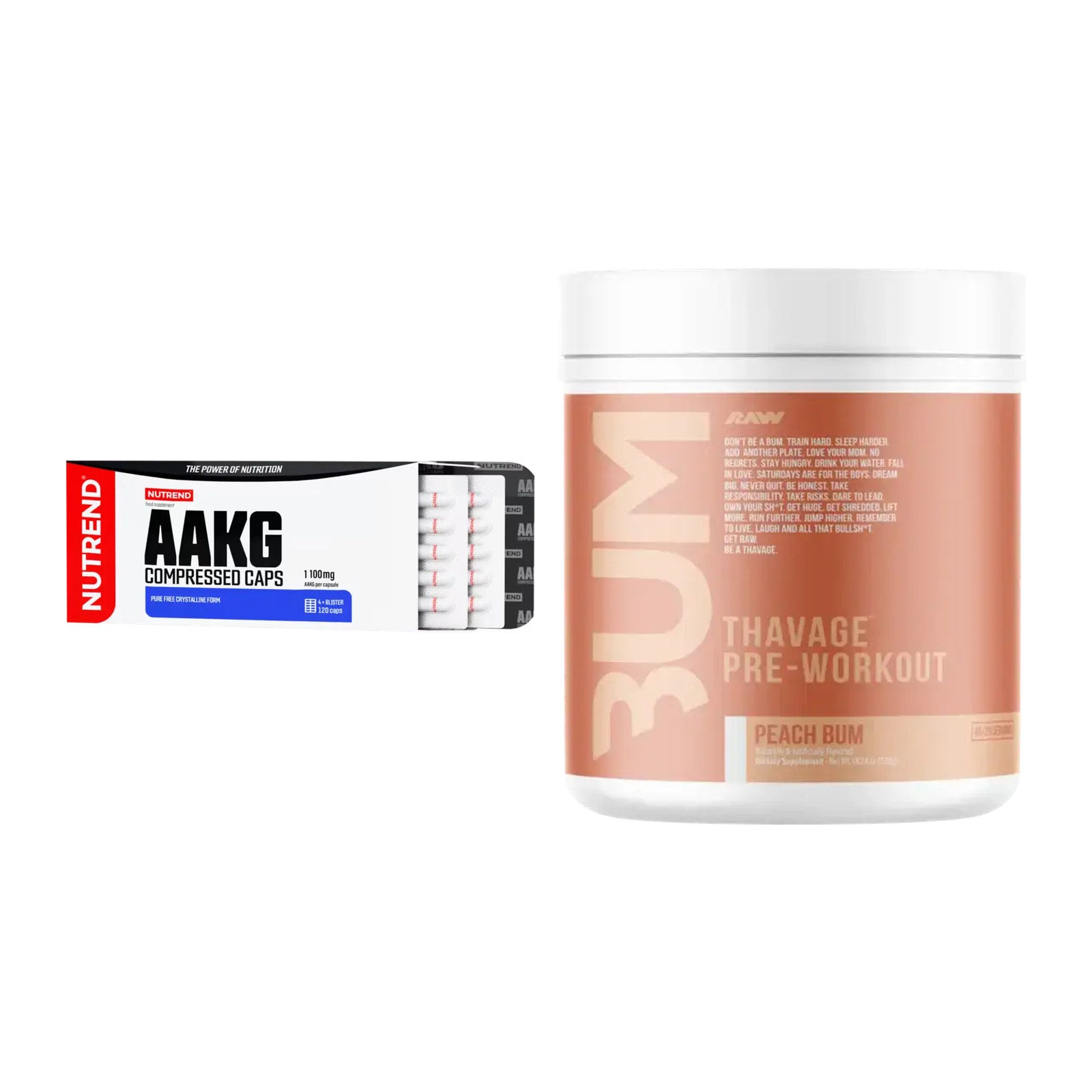 Pump-Set: Nutrend AAKG Compressed Kapseln + RAW Nutrition CBUM Thavage – alle enthaltenen Artikel