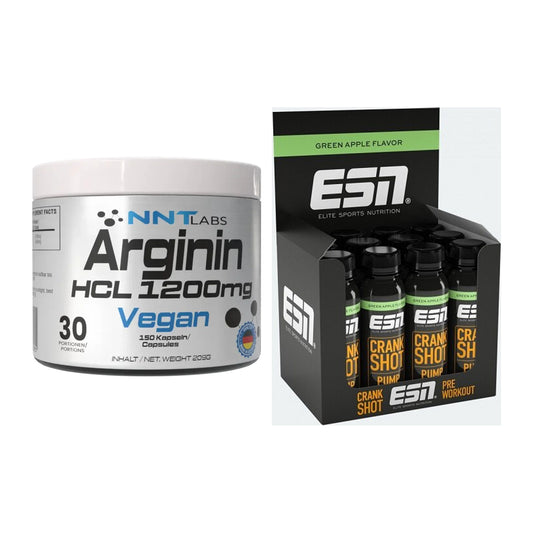 Pump-Set: NNT Arginin HCL 1200 mg + ESN Crank Pump Shot 12x 95ml – alle enthaltenen Artikel