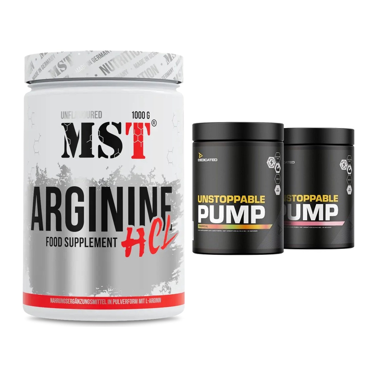 Pump-Set: MST Arginine HCL + Dedicated Unstoppable Pump 405g – alle enthaltenen Artikel