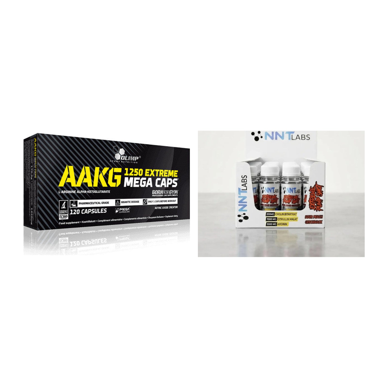 Pump-Set: Olimp AAKG Extreme Mega Caps + NNT Extreme Pump Shot – alle enthaltenen Artikel