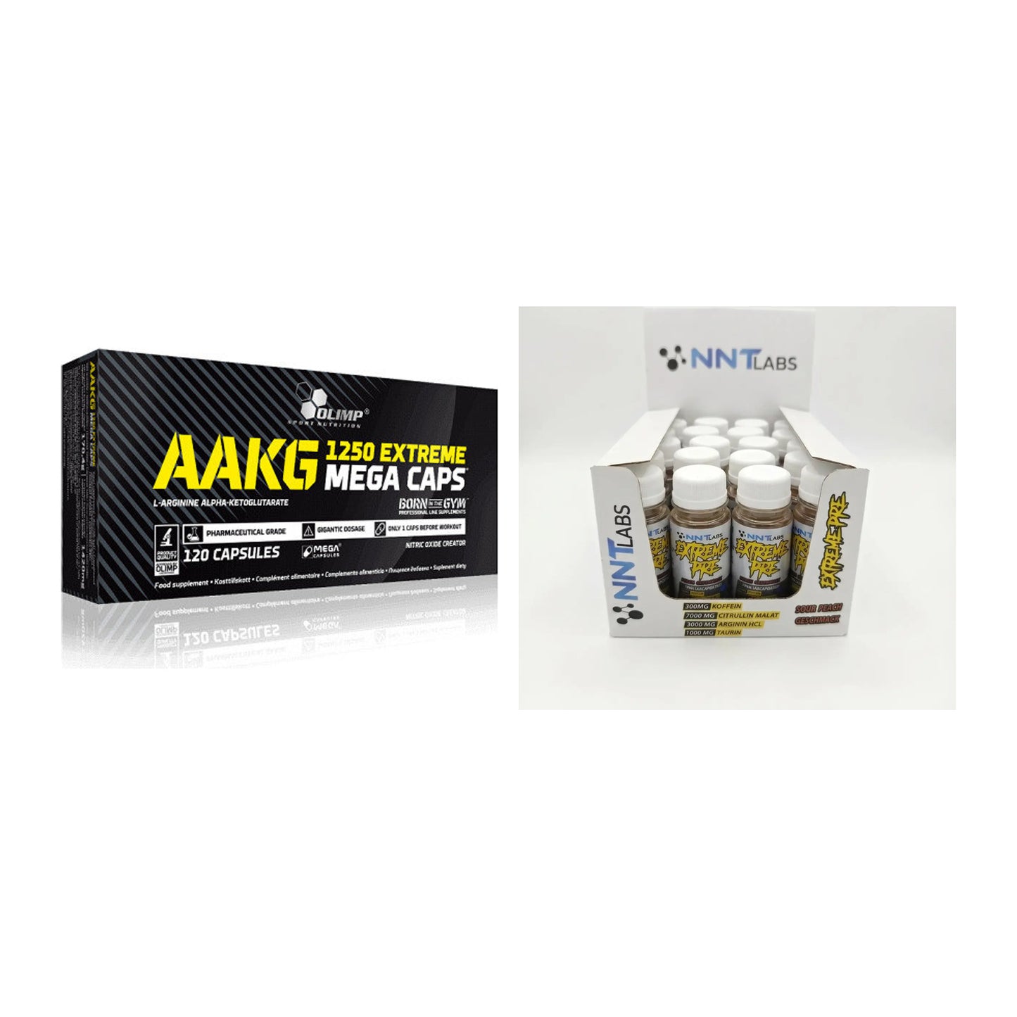 Pump-Set: Olimp AAKG Extreme Mega Caps + NNT Extreme Pre-Workout Shot – alle enthaltenen Artikel