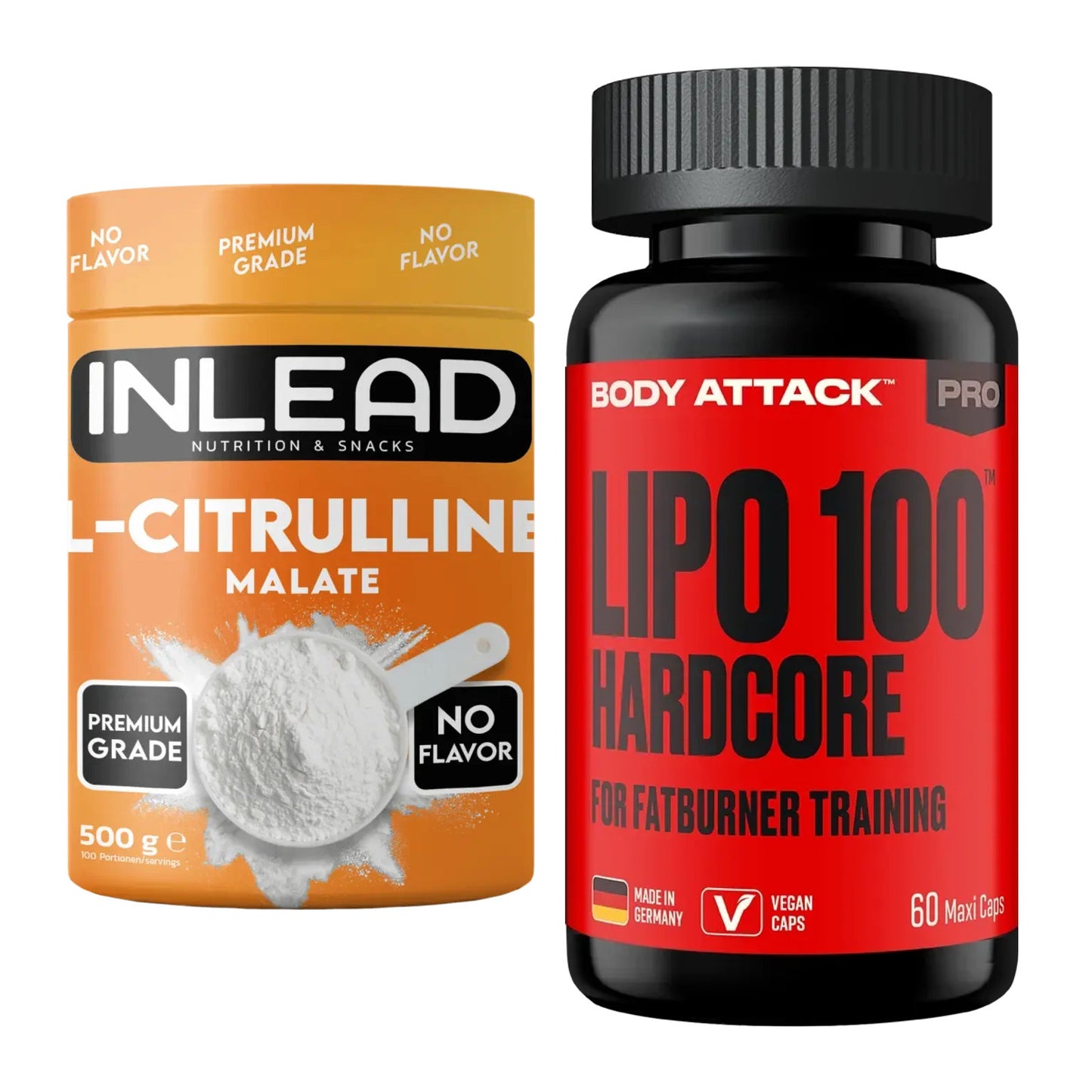 Pump-Set: INLEAD L-Citrullin Malat 2:1 + Body Attack LIPO 100-HARDCORE – alle enthaltenen Artikel