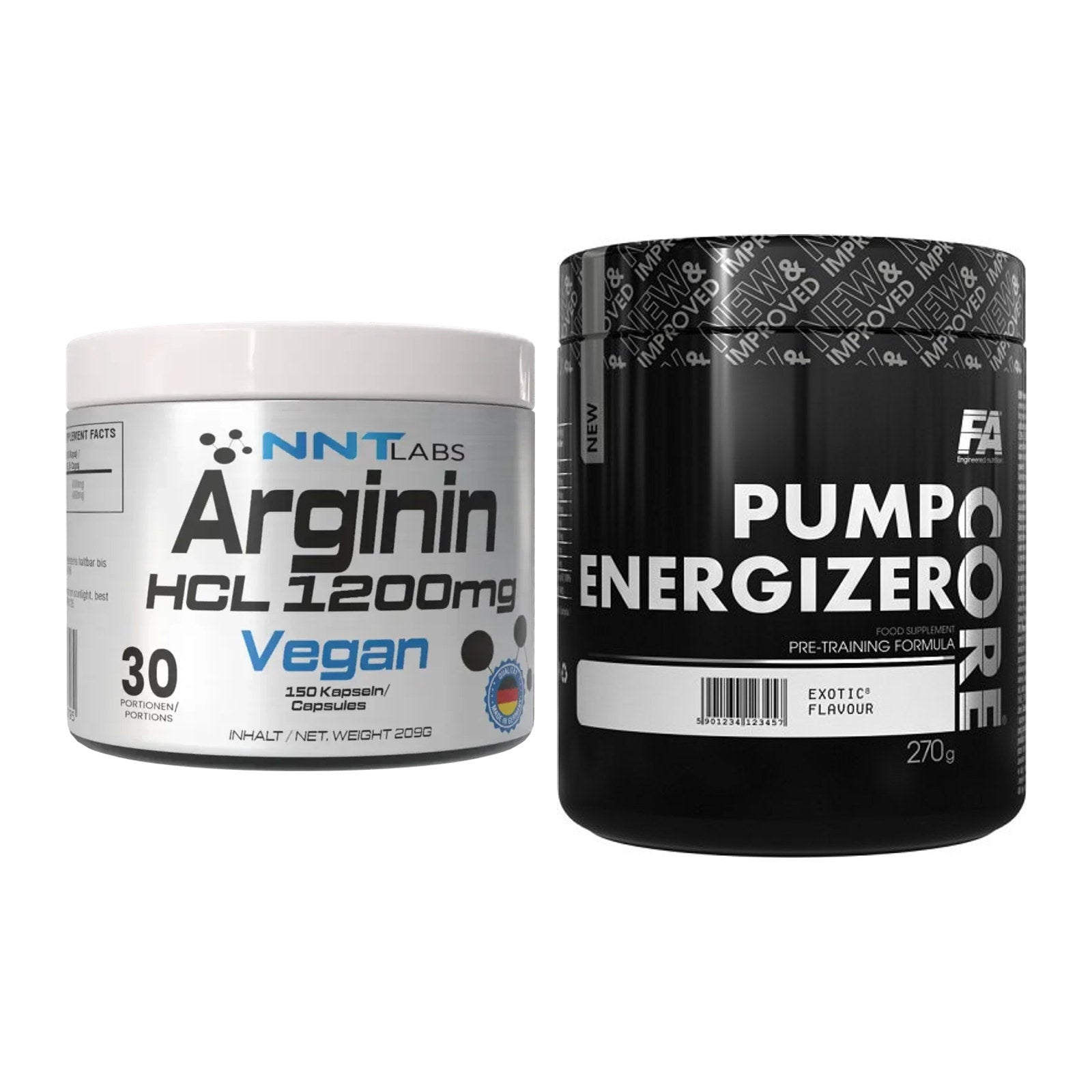 Pump-Set: NNT Arginin HCL 1200 mg + FA Nutrition Core Pump Energizer – alle enthaltenen Artikel